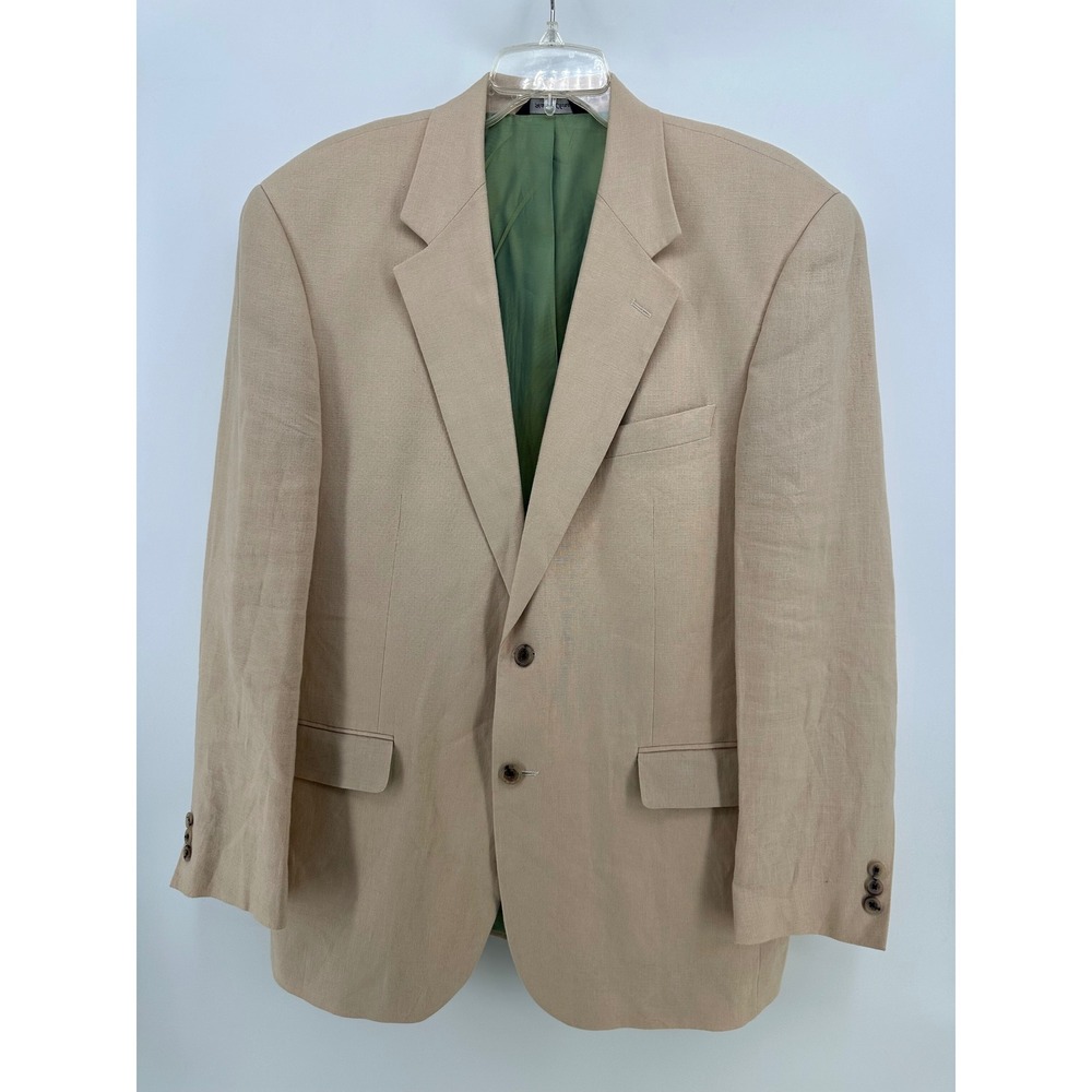 Alan Flusser Mens 42R Tan 100% Linen 2 Button Blazer Sport Coat Green Lining